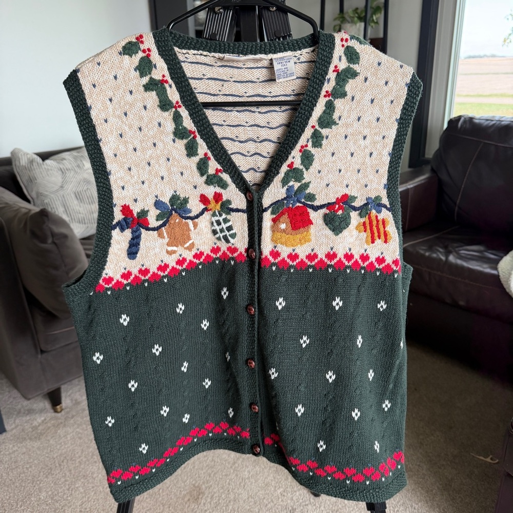 Vintage Granny Style Ugly Christmas Sweater  Embroidered Vest Women's 14/16W